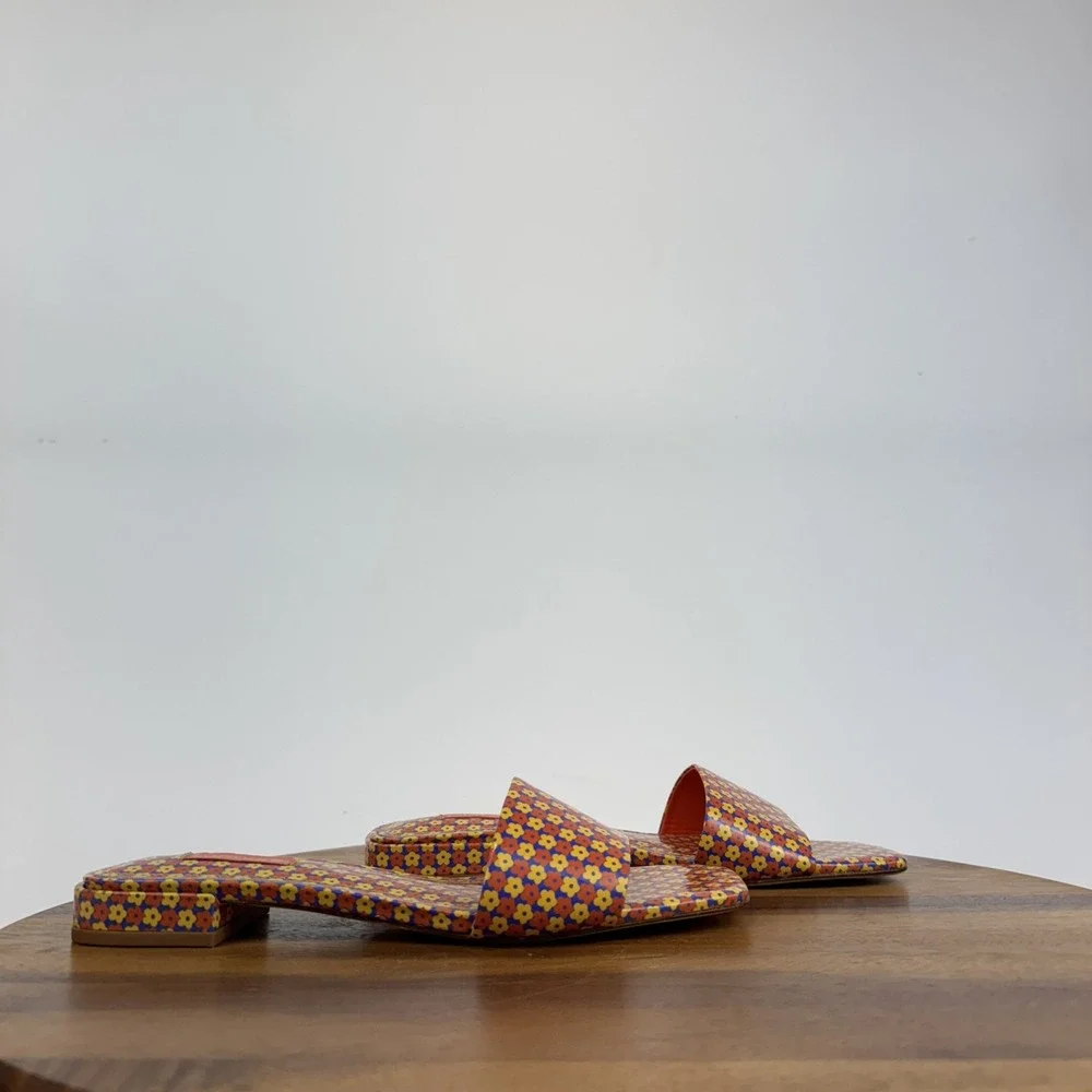 New Womens Larroude Athena Orange Blue Floral Heeled Slide Sandals Size 7 M NWOB